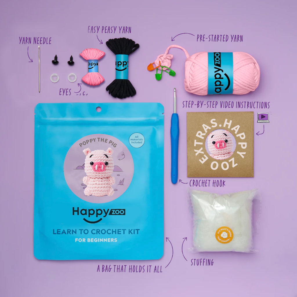 Poppy the Pig - Happy Zoo Beginners Crochet Kit - Perfect Gift with Step-by-Step Video Tutorial