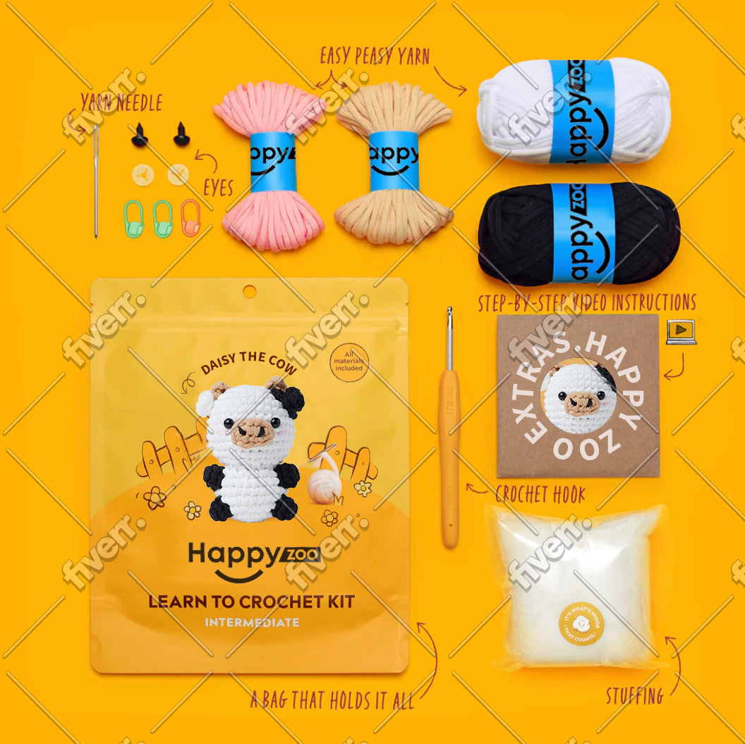 Daisy the Cow - Happy Zoo Beginners Crochet Kit - Perfect Gift with Step-by-Step Video Tutorial