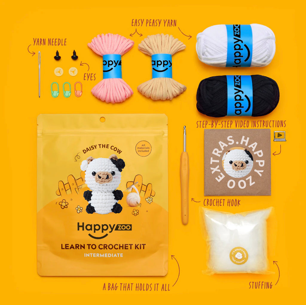 Daisy the Cow - Happy Zoo Beginners Crochet Kit - Perfect Gift with Step-by-Step Video Tutorial