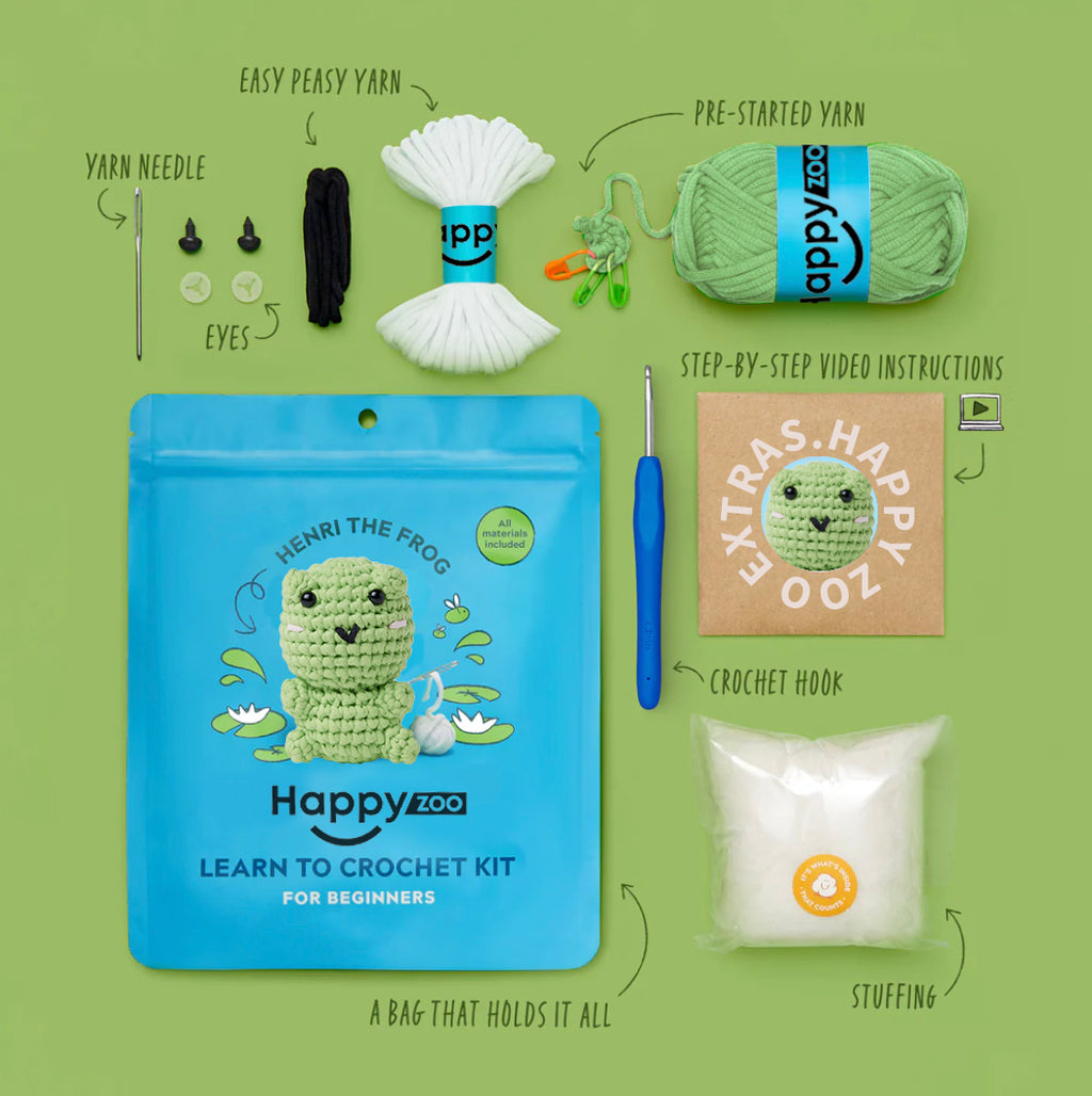Frankie the Frog - Happy Zoo Beginners Crochet Kit - Perfect Gift with Step-by-Step Video Tutorial